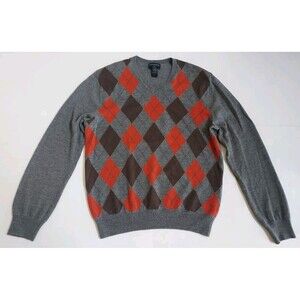 Mens Banana Republic Merino Wool Gray Argyle V-Neck LS Sweater Size Large